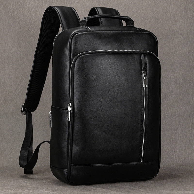 Black Genuine Leather 15-Inch Laptop Backpack with USB Port, Business Commute Daypack, Premium Cowhide School Travel Bag for Men