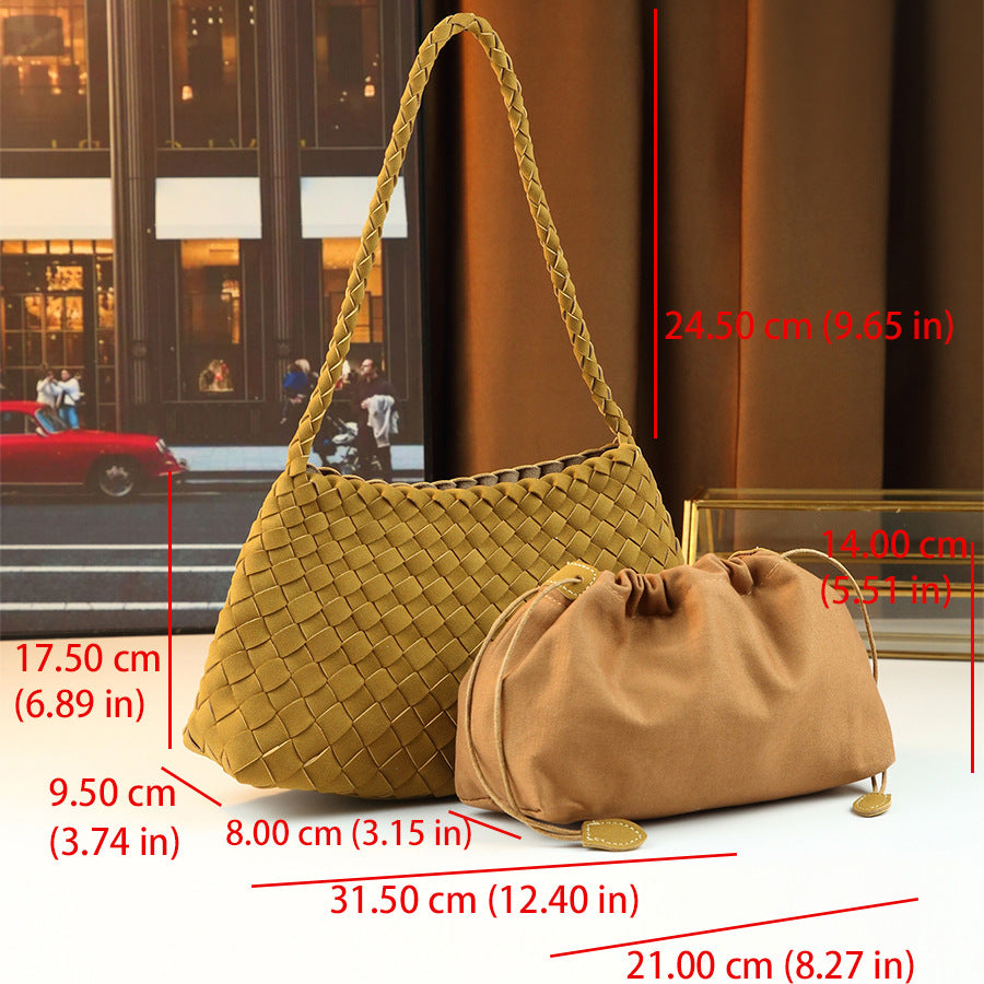 Handwoven Suede Shell Tote Set for Women with Detachable Sub-Bag, Niche Shoulder Handbag with Basket-Style Design