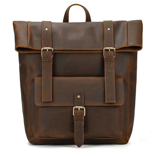 Expandable Vintage Crazy Horse Leather Backpack, Large Capacity Travel Daypack, Premium Genuine Leather Bag for Men
