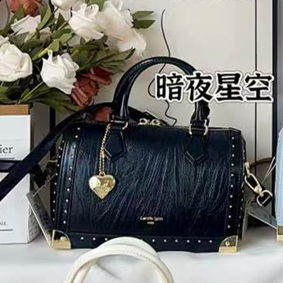 Studded Boston Pillow Bag for Women Vintage Commuter Top Handle Shoulder Crossbody Purse with Premium Hardware Accent