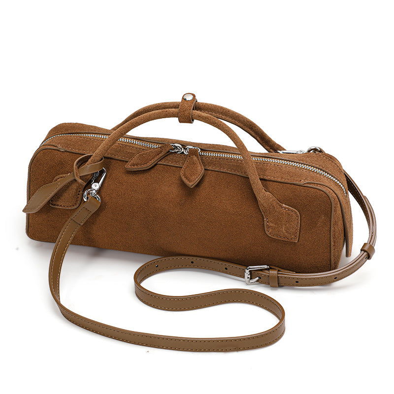 Genuine Suede Leather Baguette Bag for Women, New Vintage Large Capacity Top Handle Handbag, Matte Cowhide Sausage Shoulder Purse for Ladies