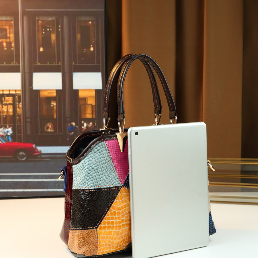 Bright Color Patchwork Tote Bag for Women Elegant Large Capacity Shoulder Crossbody Handbag, Trendy Design with Vibrant Color Panels