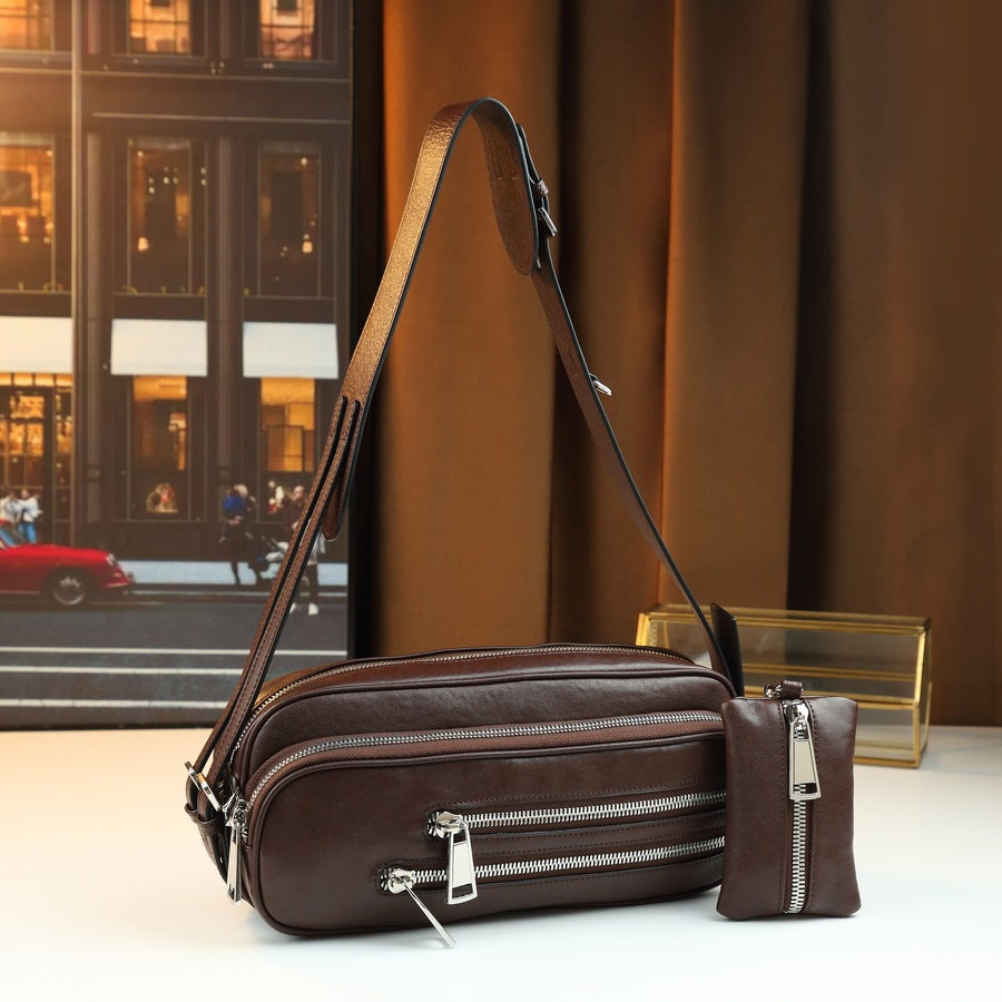 Top Layer Cowhide Multi-Pocket Baguette Bag for Women Vintage Shoulder Crossbody Handbag, Casual Fall Purse with Detachable Sub-Bag