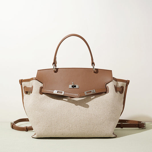 Genuine Leather & Linen Versatile Top Handle Backpack for Women, Korean Style High-End Commute Daypack, Premium Casual Bag for College Students and Ladies