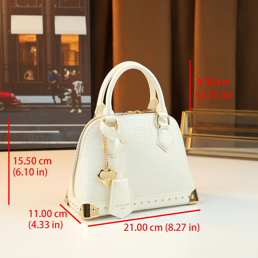 Chic French Style Croc-Effect Shell Bag for Women, A Light Luxury Structured Top-Handle Handbag with Metal Stud Details & Heart Charm, Versatile Shoulder Crossbody Purse