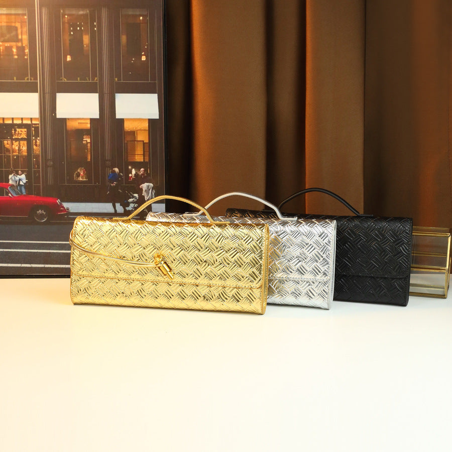 New Arrival Hand-Woven Line Pattern Evening Bag for Women, A Horizontal Baguette Clutch with High-End Look & Fashionable Design