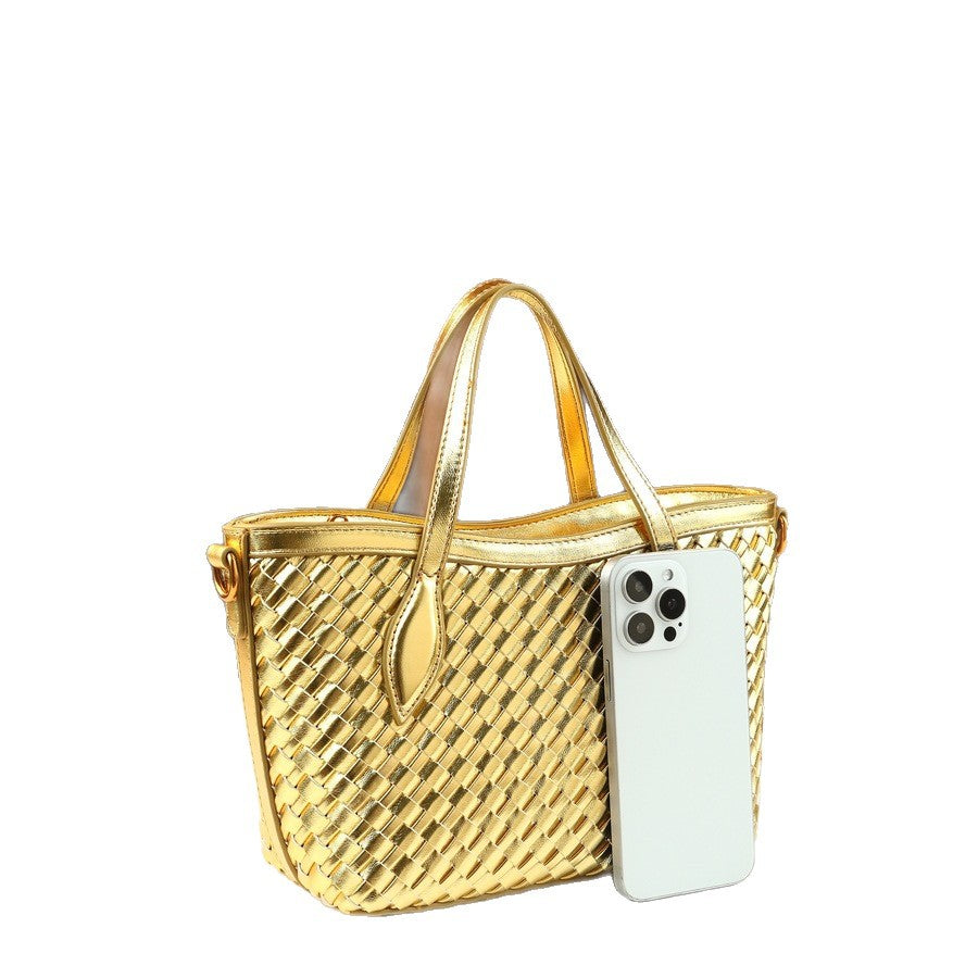 Woven Small Bucket Tote Bag for Women Versatile Commuter Shoulder Handbag, Korean Style Crossbody Purse with Natural Woven Texture