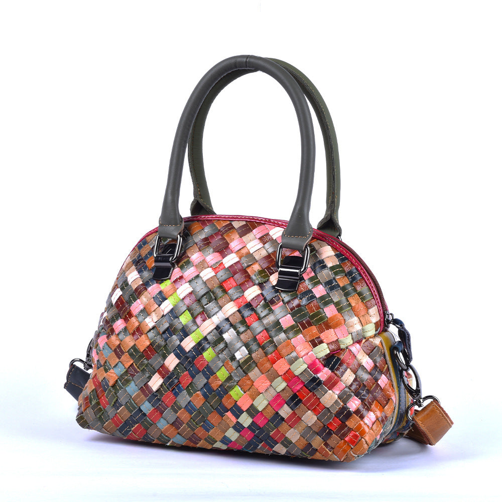 Genuine Leather Handwoven Colorful Cowhide Handbag for Women, New Arrival Top Handle Shoulder Crossbody Purse, Casual Travel Small Bag for Ladies