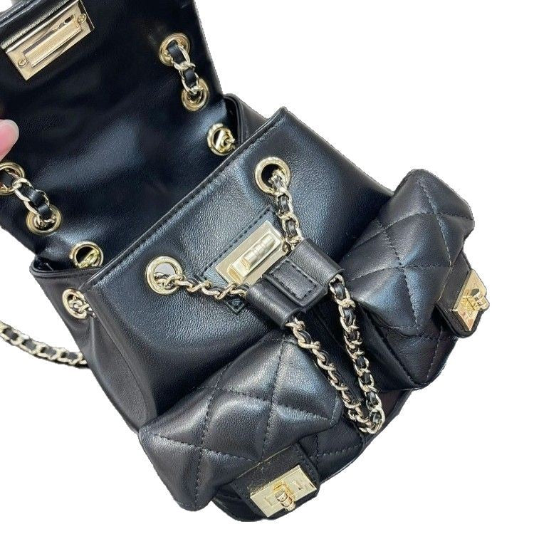 Genuine Leather Chain Backpack for Women, Fashionable Premium Shoulder Bag, Niche Designer Double Backpack for Ladies