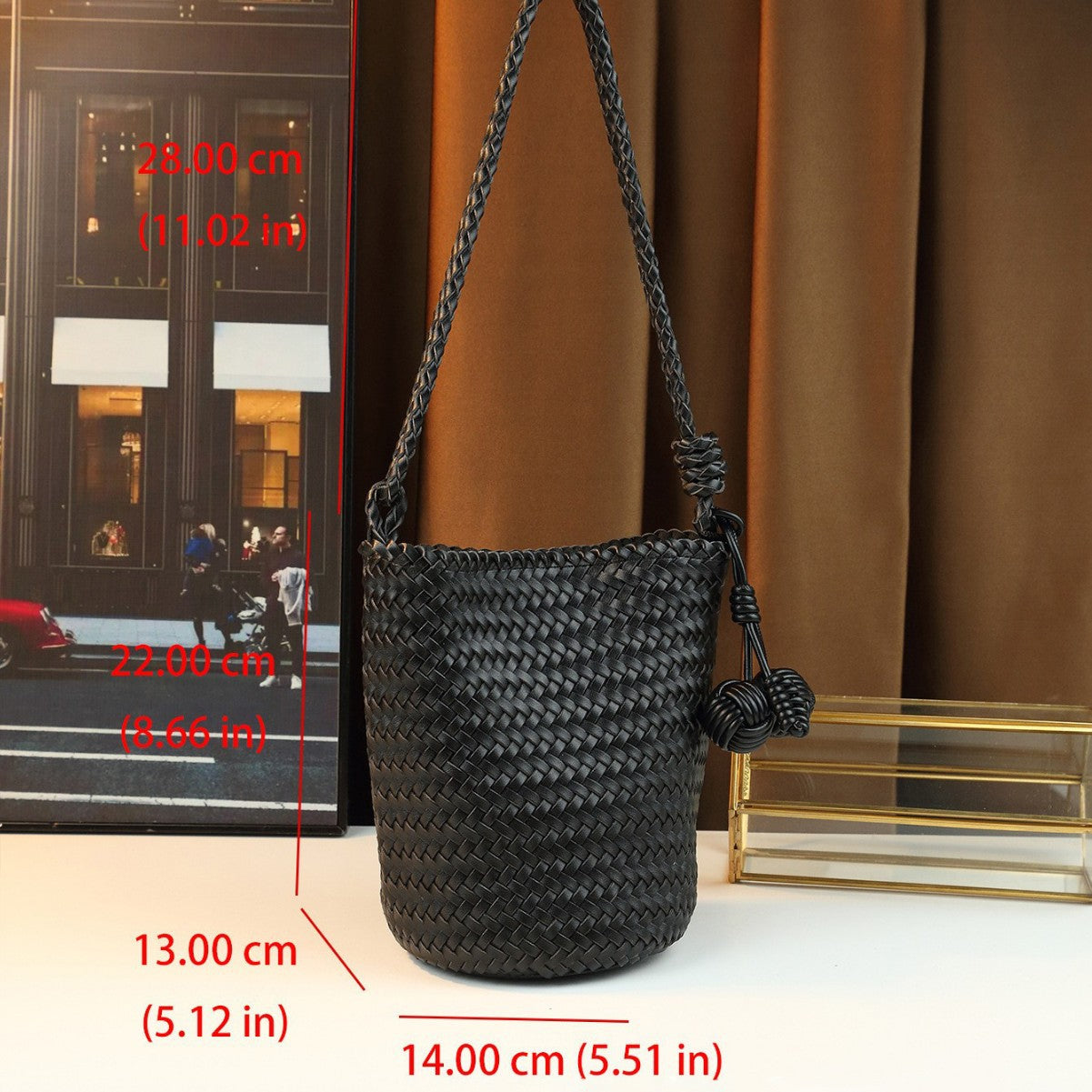 Handwoven Bucket Basket Bag for Women Casual Shoulder Crossbody Handbag, Minimalist Purse with Natural Woven Texture