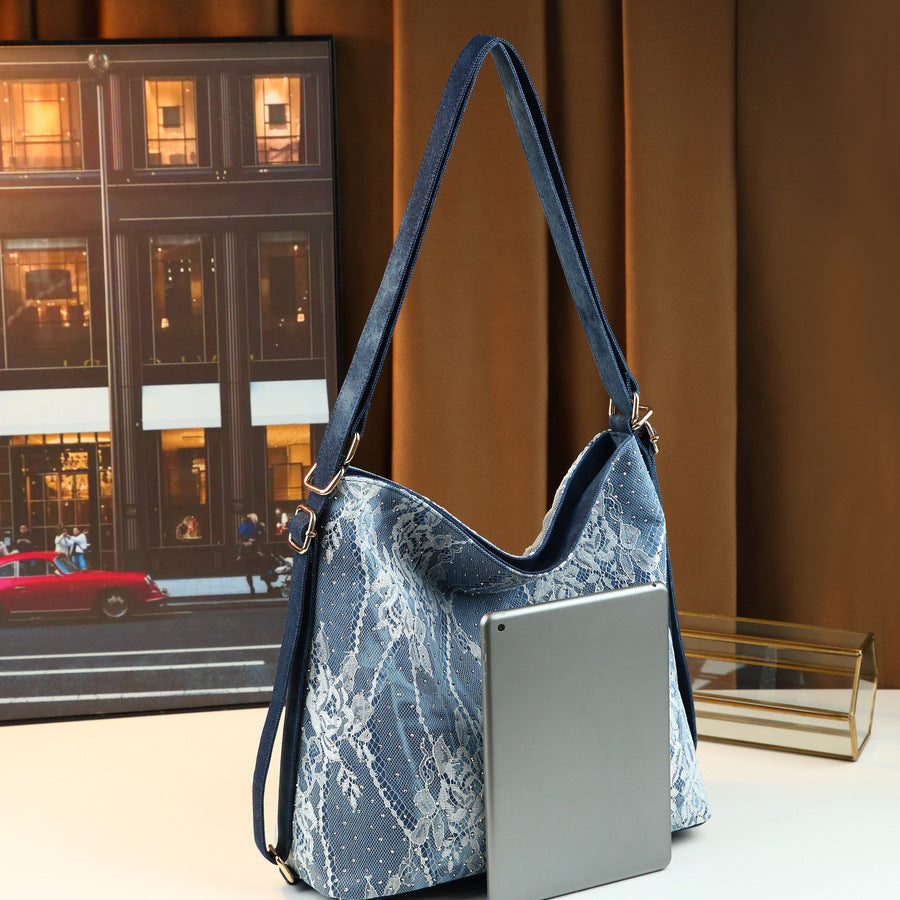 French Lace Rhinestone Denim Tote Bag for Women Large Capacity Drawstring Shoulder Crossbody Backpack, Versatile 3-in-1 Bag with Sparkling Embellishments