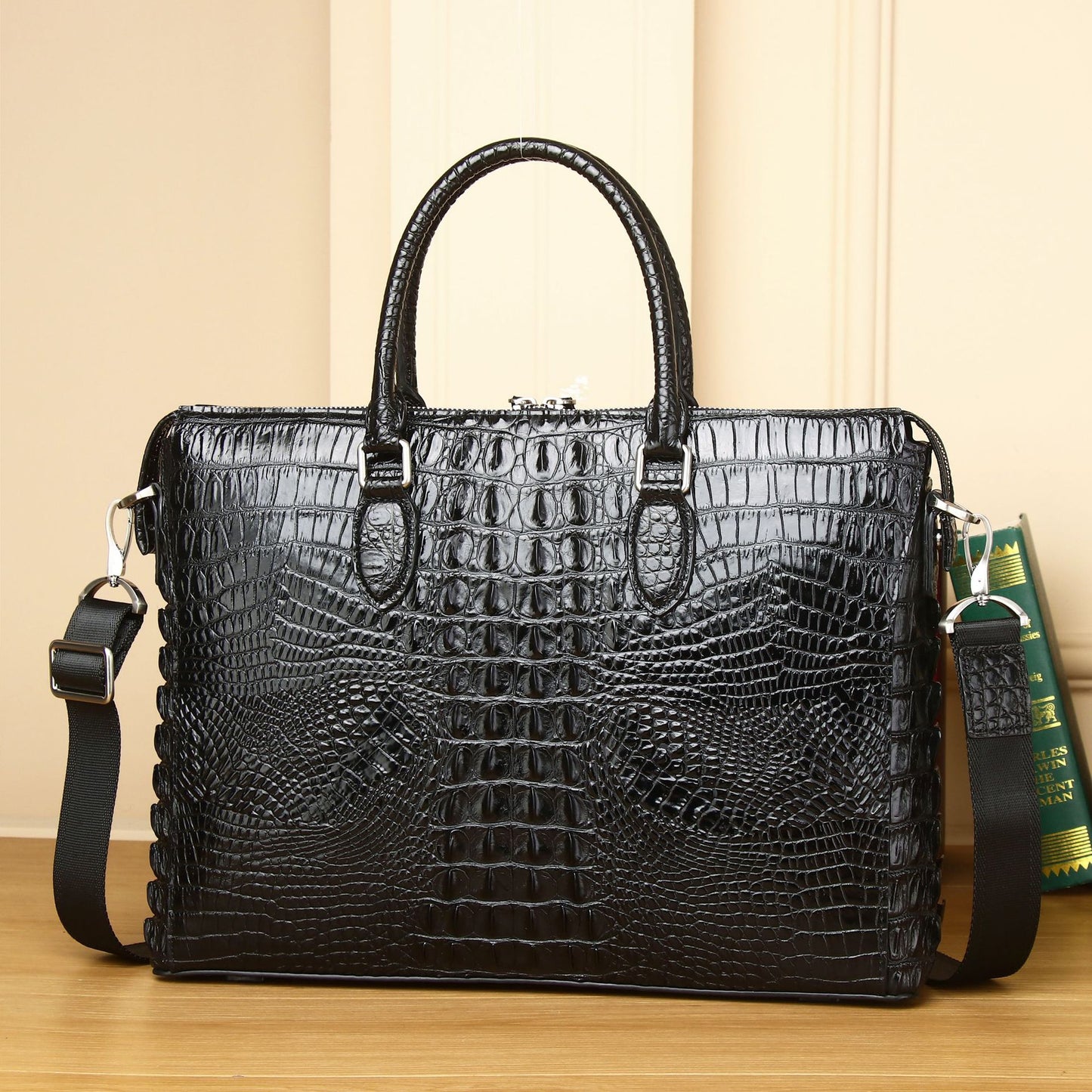 New Arrival Croc-Effect Business Briefcase for Men, A High-End Top-Handle Laptop Shoulder Crossbody Bag with Large Capacity