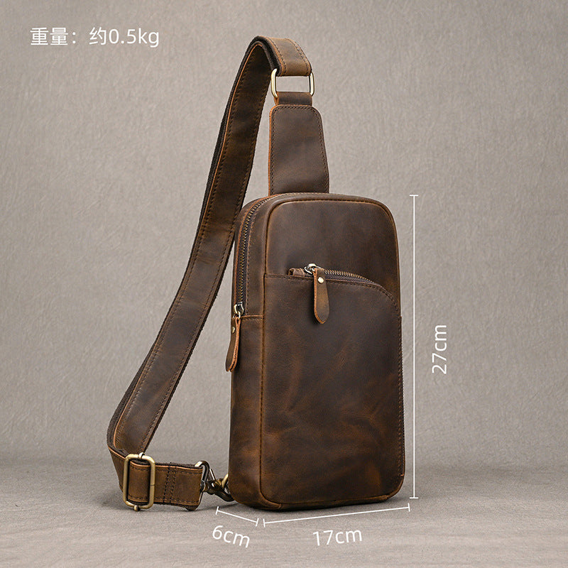 Crazy Horse Leather Minimalist Chest Bag, Casual Crossbody Shoulder Pouch, Outdoor Commute Bag for Men