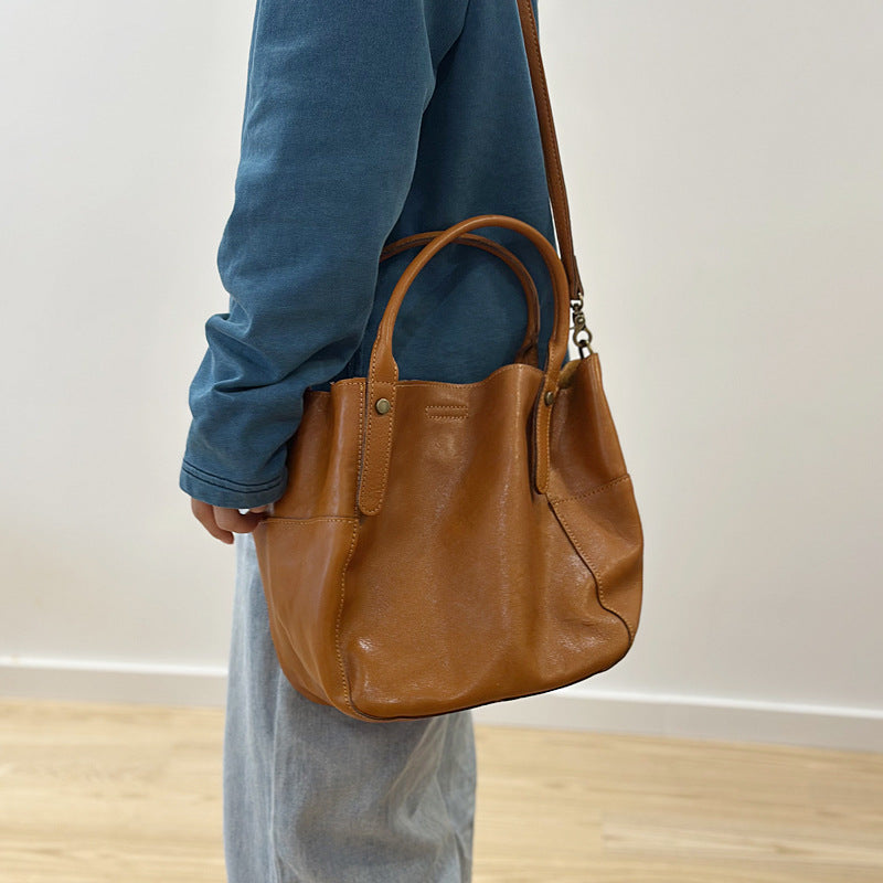 Handmade Cowhide Large Capacity Shopping Tote Bag for Women, Vintage Bucket Shoulder Crossbody Top Handle Purse, Genuine Leather Handbag for Ladies