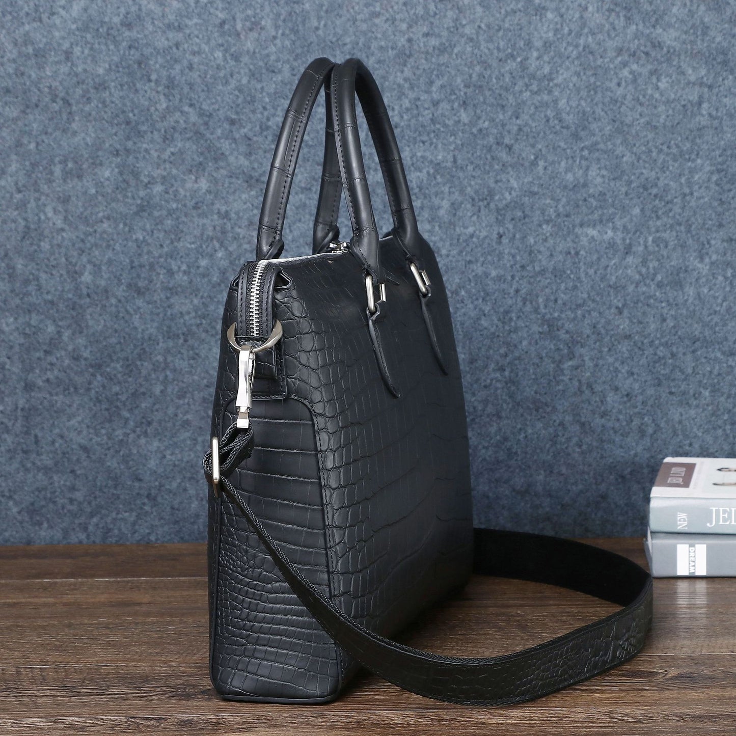New Arrival Matte Black Croc-Effect Business Briefcase for Men, A Shoulder Crossbody Travel Bag with Laptop Compartment & Trendy Design