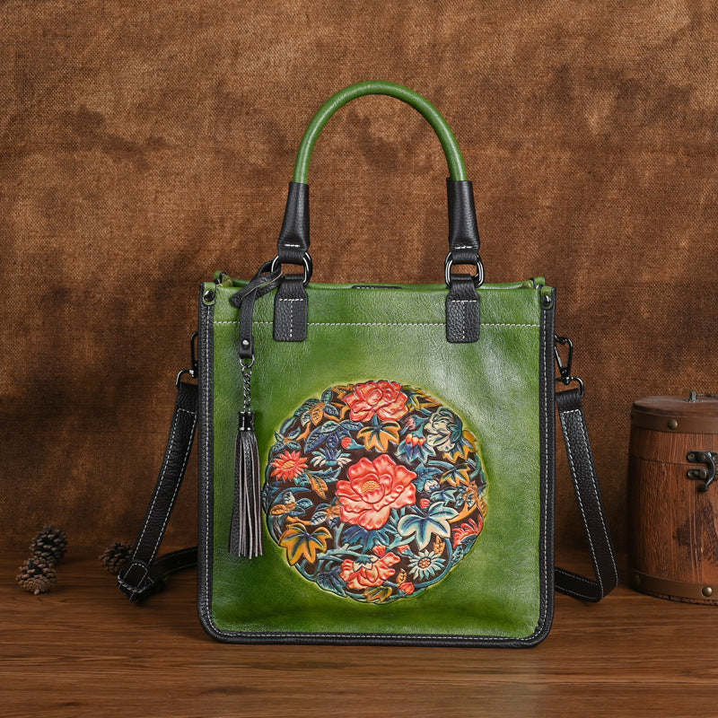 Genuine Top Layer Cowhide Chinese Classical Handbag for Women, Vintage Retro Small Square Crossbody Shoulder Top Handle Purse, Trendy Oriental Style Bag for Ladies