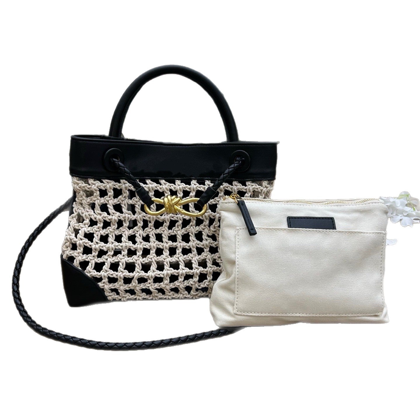 Genuine Leather Patchwork Tote Bag with Metal Butterfly Buckle, New Handwoven Cotton Rope Top Handle Mother-Child Bag, Trendy Handbag for Ladies