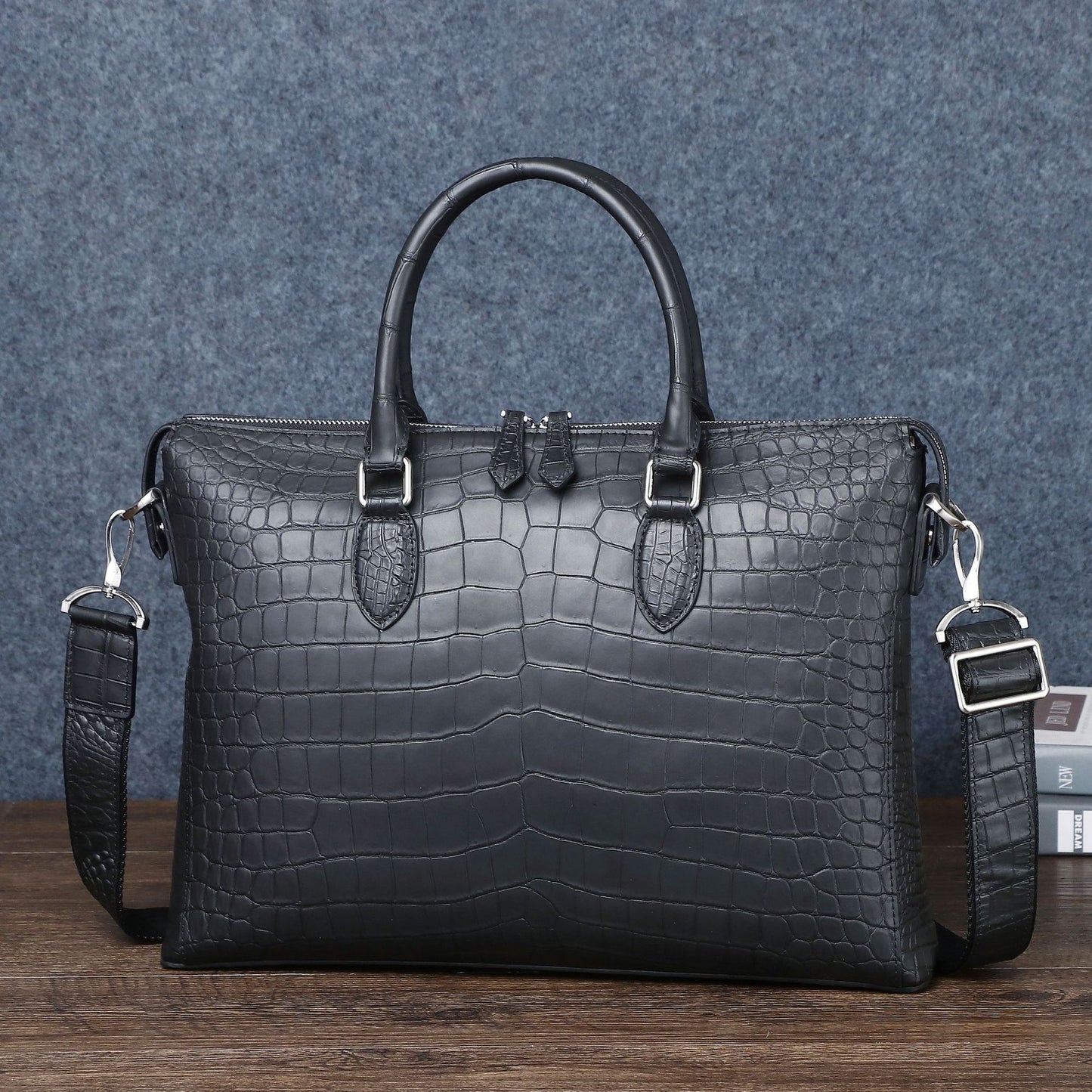 New Arrival Matte Black Croc-Effect Business Briefcase for Men, A Shoulder Crossbody Travel Bag with Laptop Compartment & Trendy Design