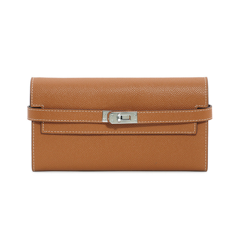 Genuine Top Layer Cowhide Long Wallet for Women, New Minimalist Pebbled Leather Clutch Purse, Fashionable Birkin-Kelly Style Handbag for Ladies