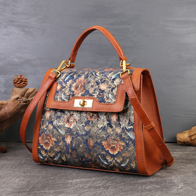 Genuine Leather Floral Embroidered Kelly-Style Bag for Women, Vintage Patchwork Top Handle Shoulder Crossbody Purse, Elegant Commute Handbag for Ladies