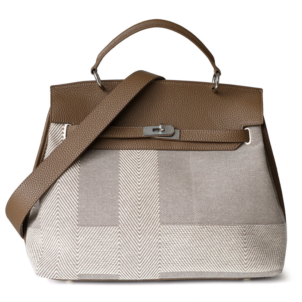 Chic Canvas & Leather Birkin-Inspired Tote Bag for Women, Vintage Large Capacity Shoulder Top-Handle Handbag with Premium Design, Perfect Commuter Purse