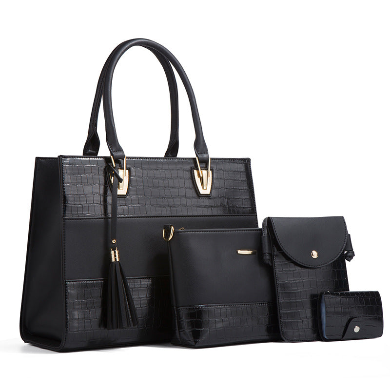 New Crocodile-Embossed Large Capacity 4-in-1 Tote Set, Trendy Tassel Shoulder Crossbody Bag, Versatile Mother-Child Handbag for Women