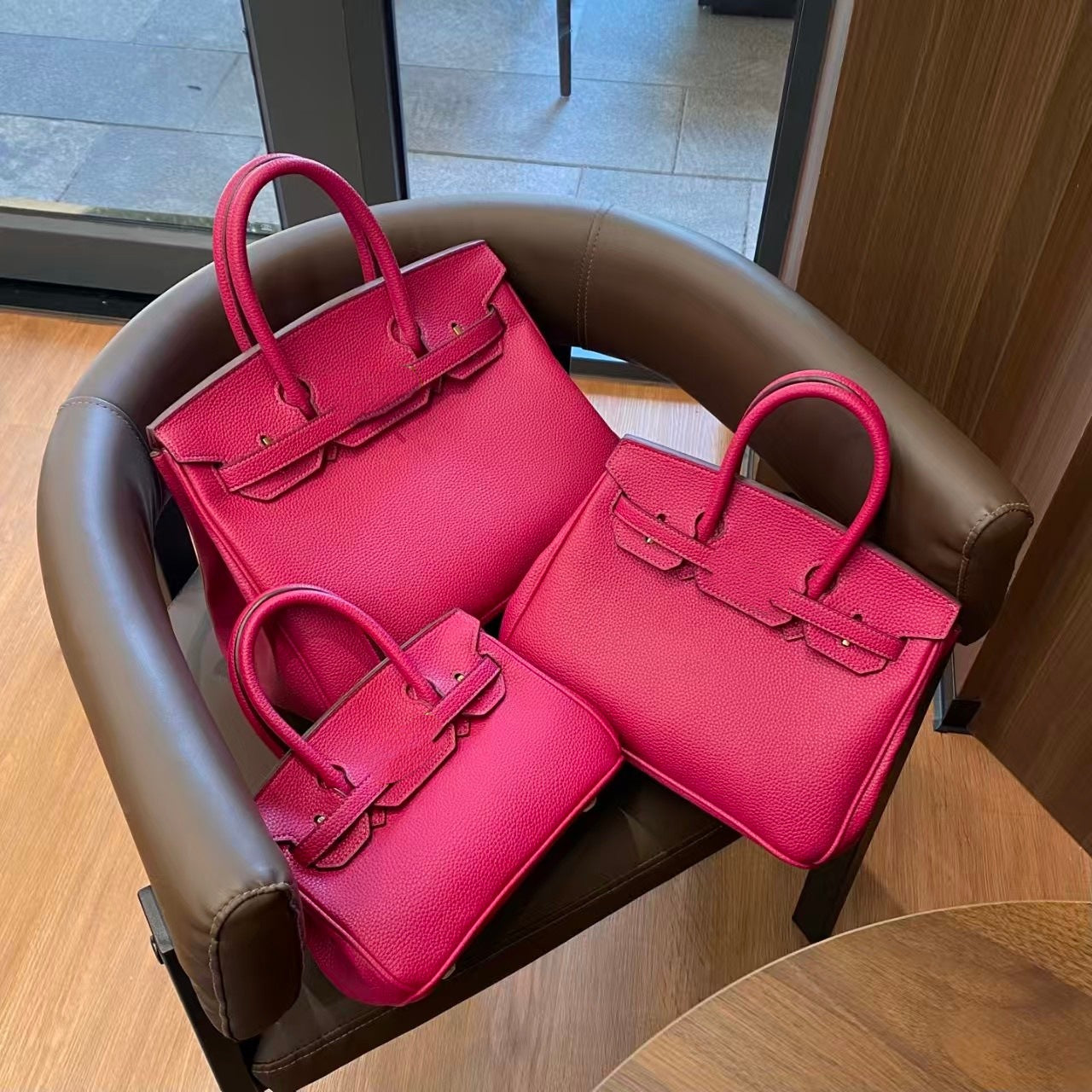 Genuine Togo Top Layer Cowhide Birkin-Style Bag with Waxed Thread Stitching, Full Steel Hardware Lock Top Handle Handmade Purse, Premium Leather Bag for Ladies