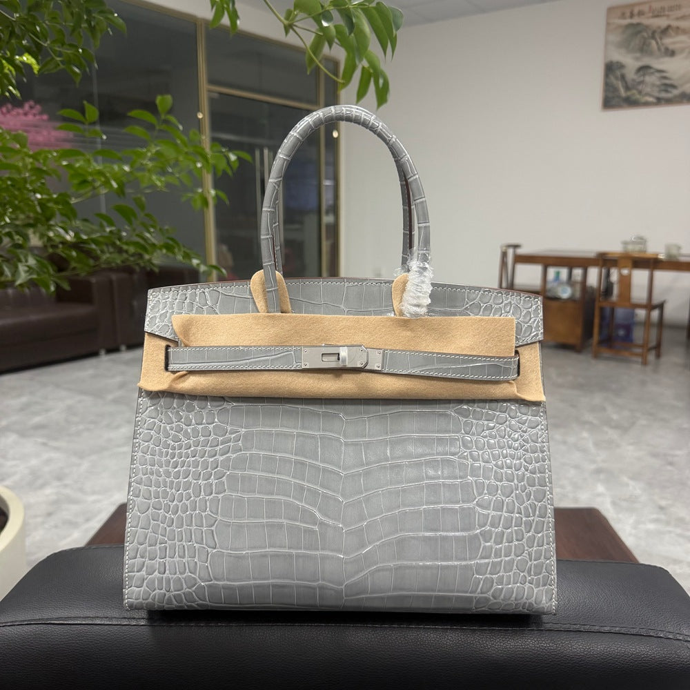 Genuine Top Layer Cowhide Crocodile-Embossed Birkin-Style 30 Bag for Women, External Stitching Hand-Stitched Waxed Thread with Steel Hardware, Burnished Edge Finish Handbag for Ladies