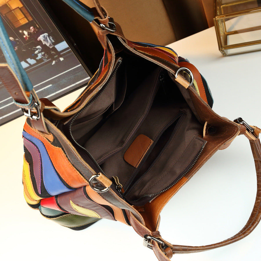 Genuine Leather Geometric Color-Block Bucket Bag for Women Colorful Patchwork Top Handle Shoulder Crossbody Purse with Artistic Design