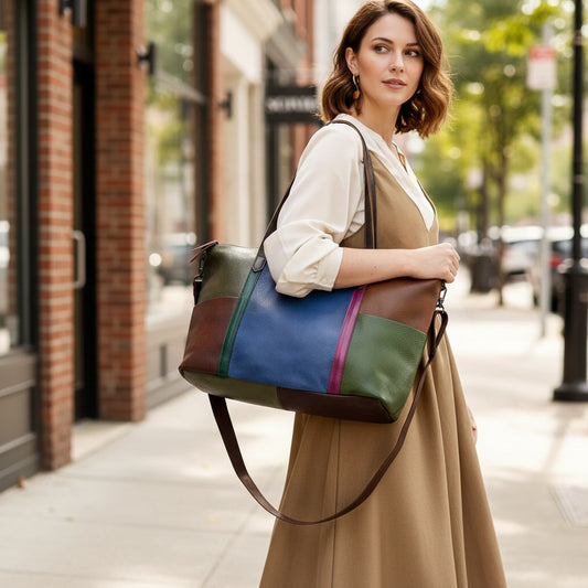 Premium Antiqued Top-Layer Cowhide Leather Tote Bag for Women | Vintage Distressed Finish with Unique Patchwork Design | Large-Capacity Shoulder Cross-Body Commuter Handbag | Spacious Everyday Carryall for Work, Travel & Effortless Style