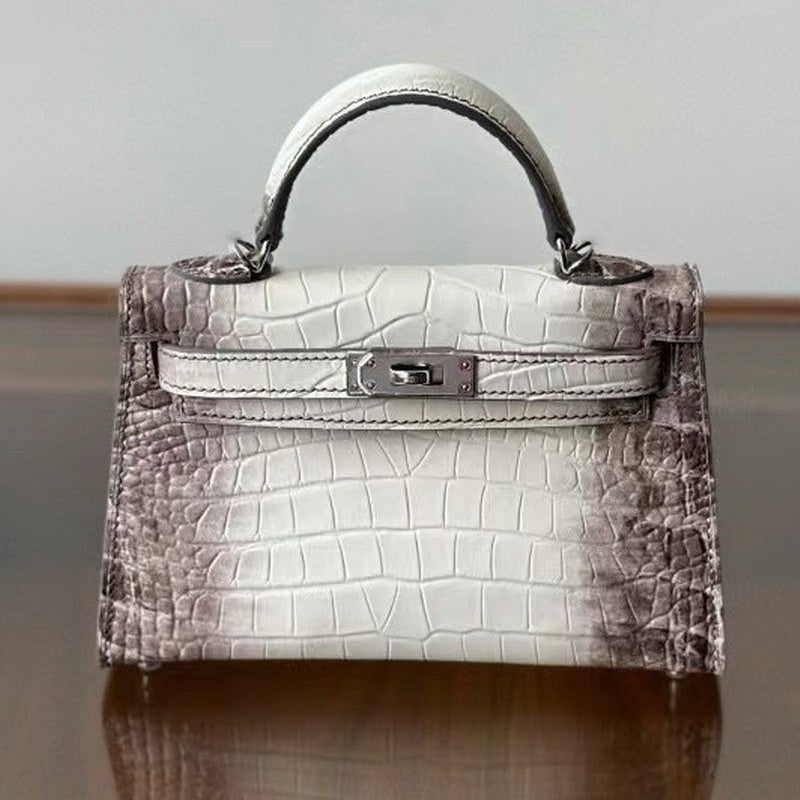 Genuine Leather High-Gloss Crocodile-Embossed Kelly-Style Bag for Women, New 2nd Gen Mini Top Handle Shoulder Purse, Premium Handbag for Ladies