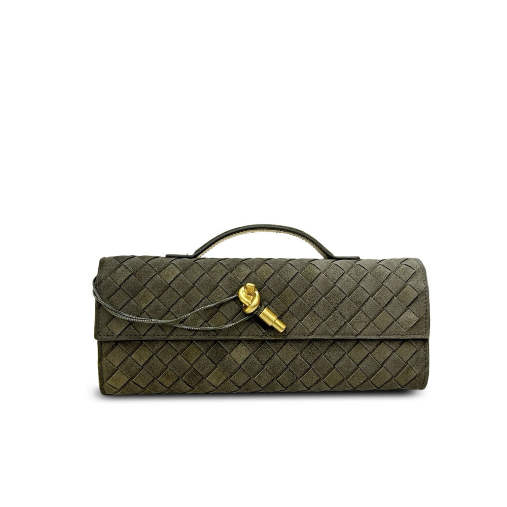 Fall/Winter Matte Suede Woven Evening Clutch, Horizontal Baguette Bag with Latch, High-End Light Luxury for Women