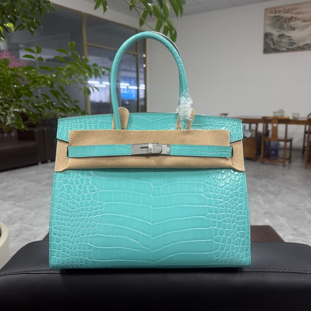 Genuine Top Layer Cowhide Crocodile-Embossed Birkin-Style 30 Bag for Women, External Stitching Hand-Stitched Waxed Thread with Steel Hardware, Burnished Edge Finish Handbag for Ladies