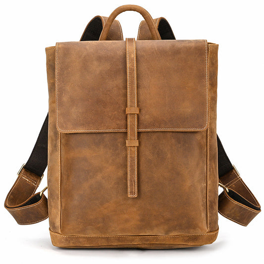 15-Inch Vintage Crazy Horse Leather Flap Backpack, Top Layer Cowhide Commute Laptop Daypack, Travel School Bag for Men and Women
