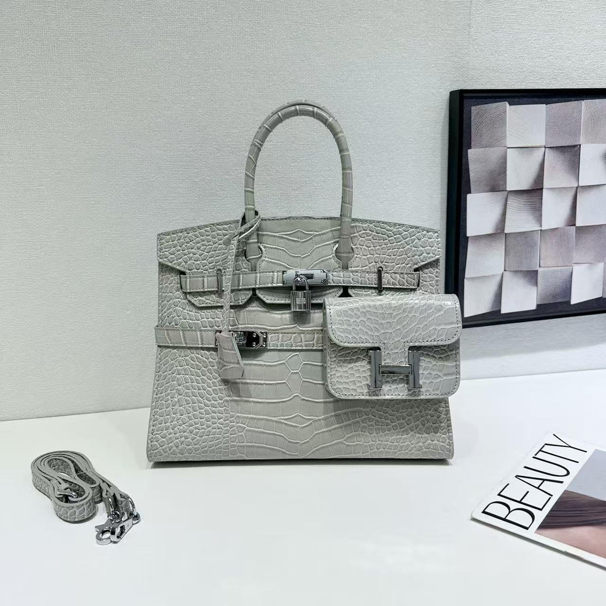 Chic Croc-Embossed Birkin-Inspired Tote Bag for Women, Premium Genuine Leather Large Capacity Top-Handle Crossbody Shoulder Handbag with Light Luxury Style, Everyday Purse