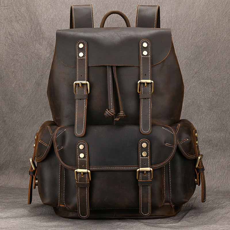 Large Capacity Crazy Horse Leather Flap Backpack, Original Outdoor Travel Daypack, Unique Top Layer Cowhide Rucksack for Men