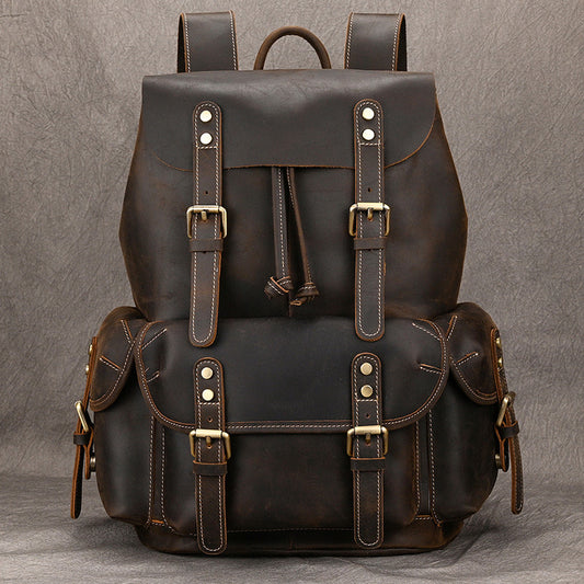Large Capacity Crazy Horse Leather Flap Backpack, Original Outdoor Travel Daypack, Unique Top Layer Cowhide Rucksack for Men