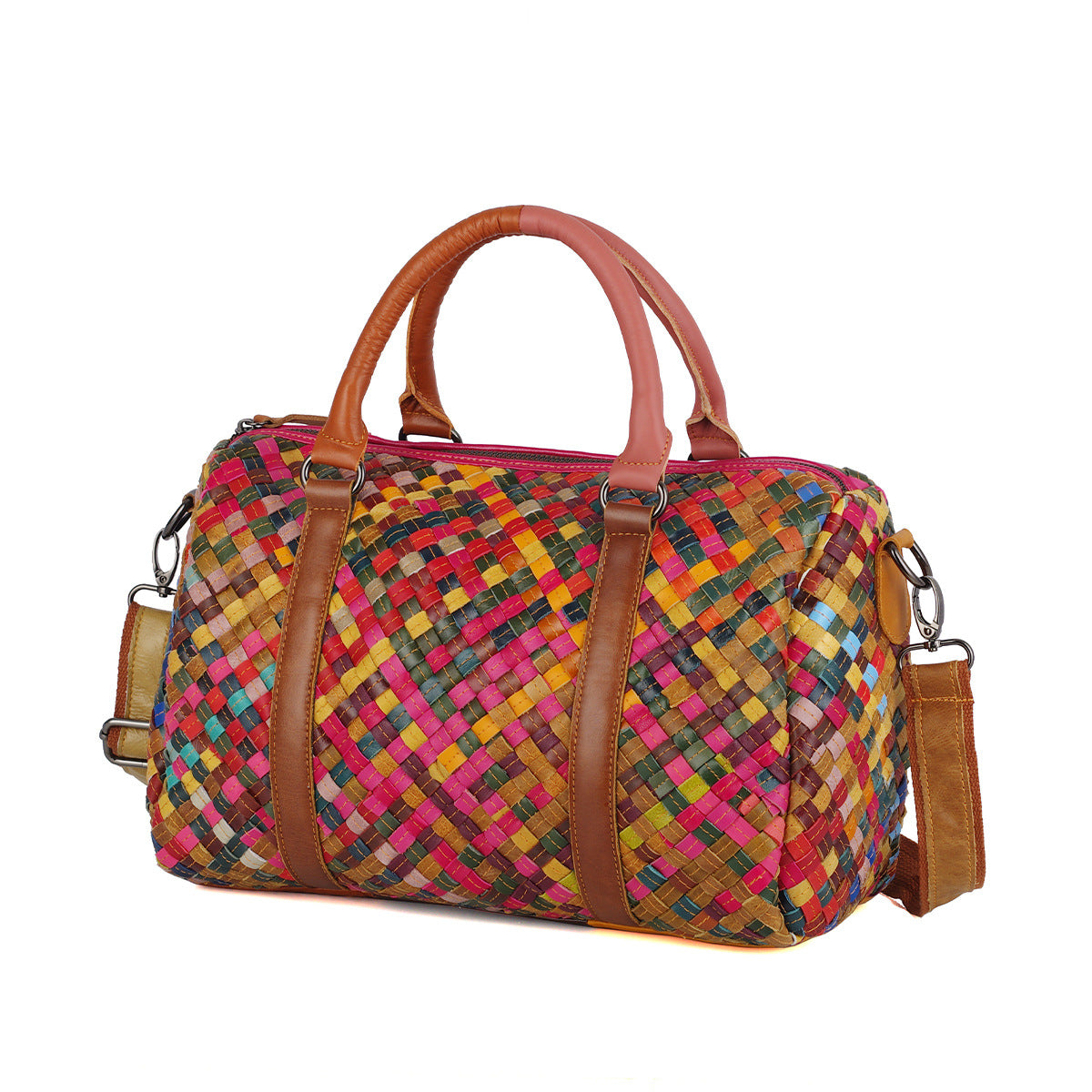 Colorful Color Block Woven Genuine Leather Bag, Ethnic Trendy Shoulder Crossbody Top Handle Purse, Casual Handbag for Women