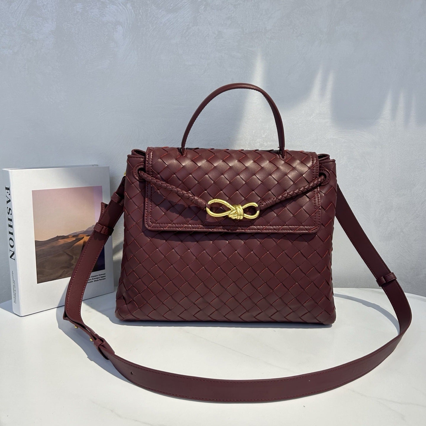 Genuine Leather Woven Tote with Butterfly Gold Buckle Flap, Large Commuter Shoulder & Crossbody Bag for Women