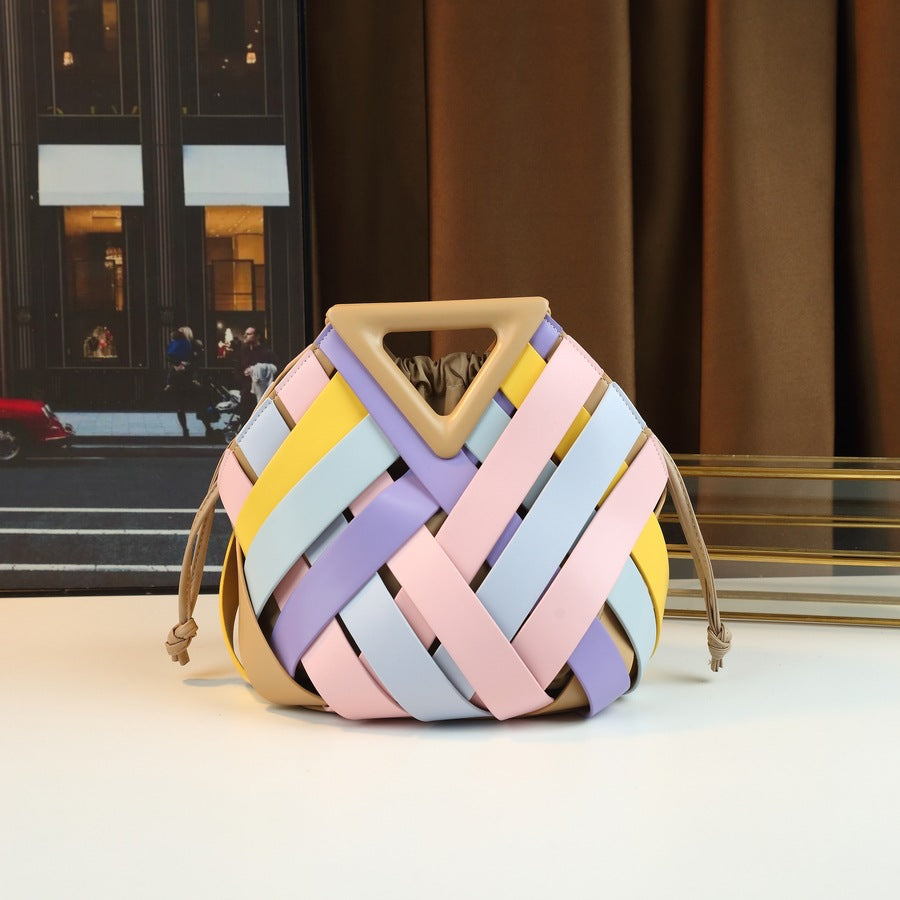 Woven Hollow Basket Bucket Bag for Women Genuine Leather Shoulder Crossbody Handbag, Fashionable Purse with Natural Artisan Texture
