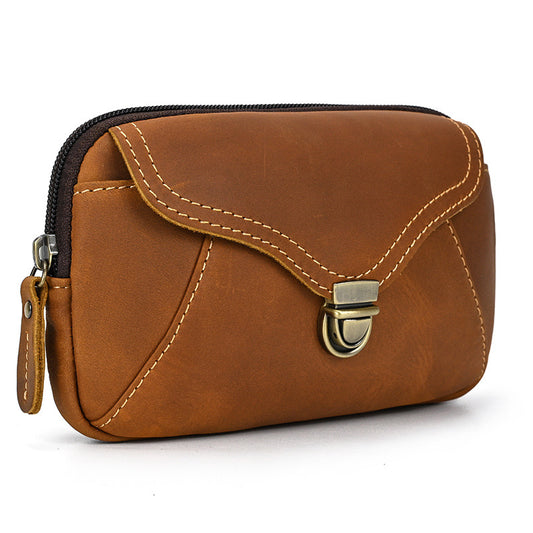 Crazy Horse Leather 7-Inch Phone Waist Bag, Double-Layer Storage Flap Pouch, Vintage Small Belt Bag for Men
