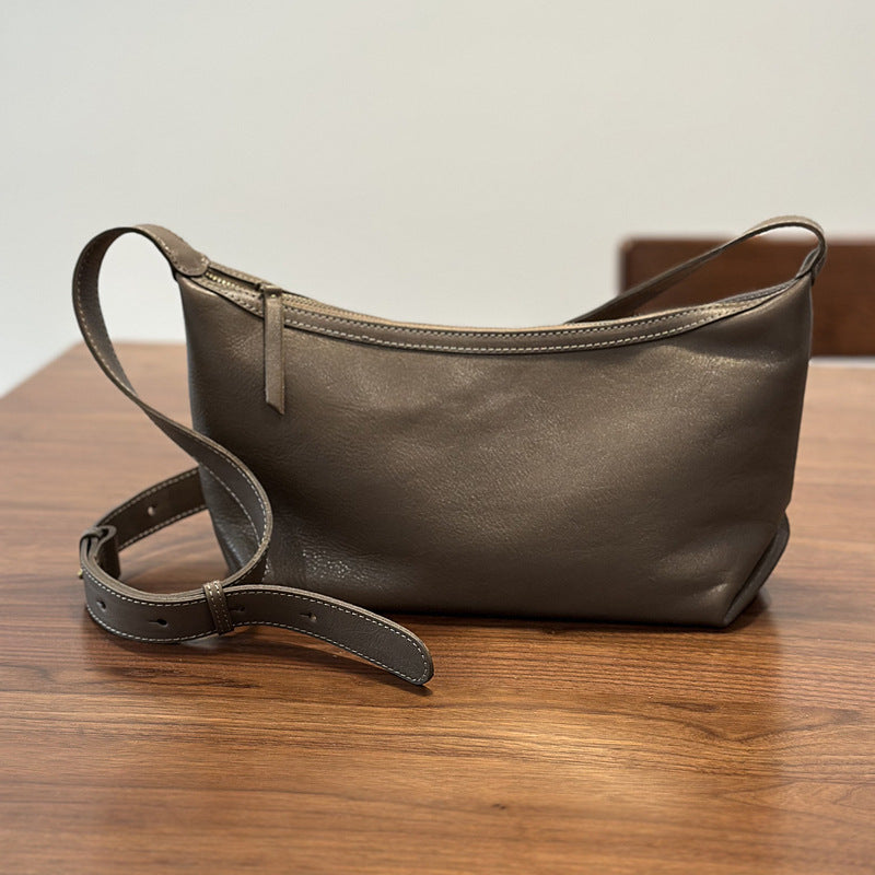 Vegetable-Tanned Soft Cowhide Crossbody Bag for Women, Vintage Pleated Shoulder Purse, Casual Small Leather Handbag for Ladies