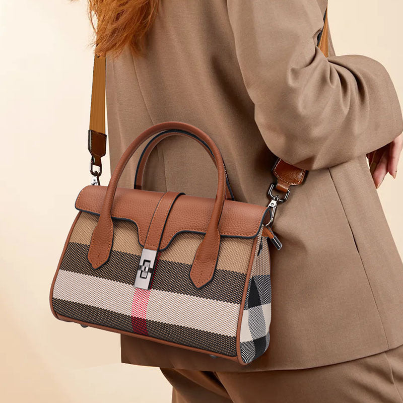 New Trendy Plaid Cowhide Tote Bag, Fashionable Casual Shoulder Crossbody Top Handle Purse, Premium Leather Handbag for Wome