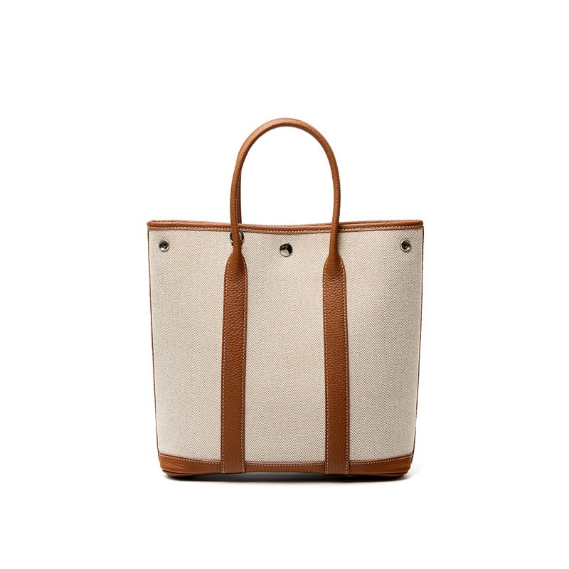 Canvas & Leather Garden Bag in Top Layer Cowhide, Premium Large Capacity Top Handle Purse, Perfect Notebook Handbag for Women