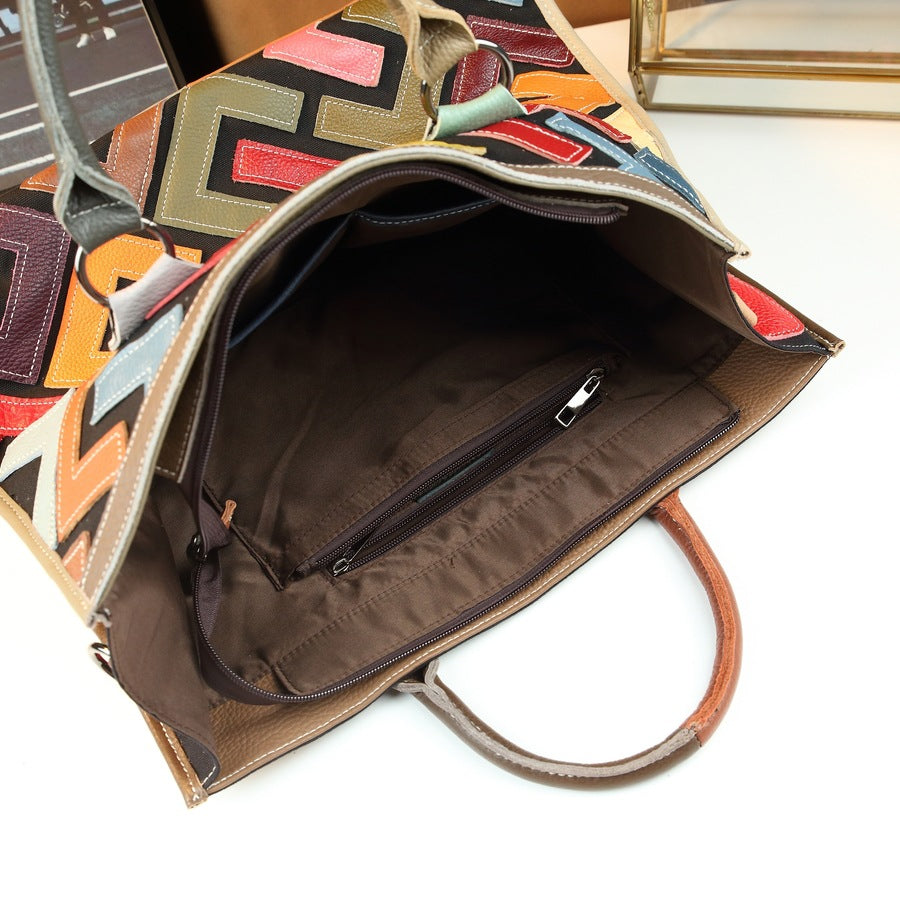 Genuine Leather Letter Print Bucket Bag for Women Vintage Large Capacity Shoulder Handbag, High-Quality Purse with Stylish Monogram Design