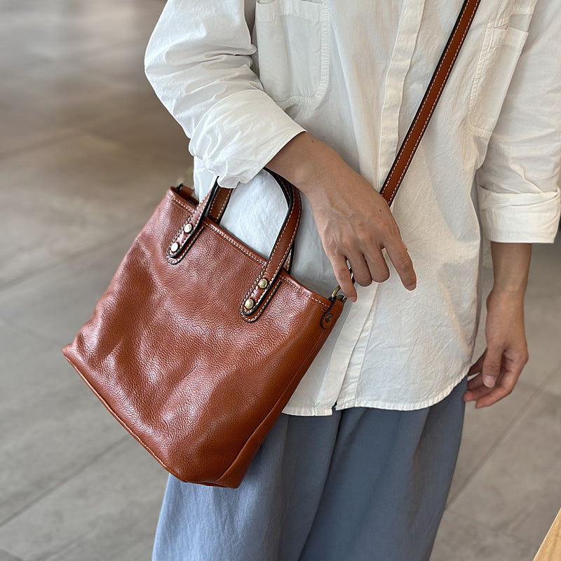 Genuine Top Layer Vegetable-Tanned Cowhide Handbag for Women, Vintage Minimalist Shoulder Crossbody Purse, Casual Work Commute Bag for Ladies