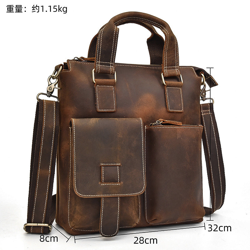 Vertical Crazy Horse Leather A4 Briefcase, Casual Business Crossbody Shoulder Bag, Premium Top Handle Work Bag 9435 for Men