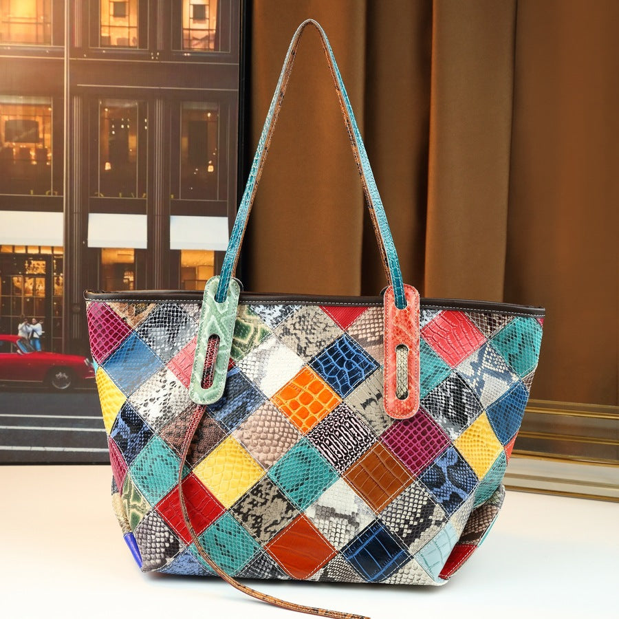 Genuine Leather Color-Block Bucket Tote for Women Large Capacity Patchwork Shoulder Handbag, Trendy Contrast Design with Premium Craftsmanship