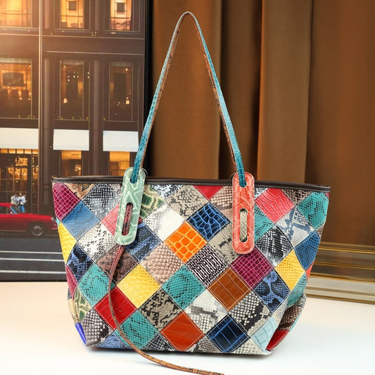 Genuine Leather Color-Block Bucket Tote for Women Large Capacity Patchwork Shoulder Handbag, Trendy Contrast Design with Premium Craftsmanship