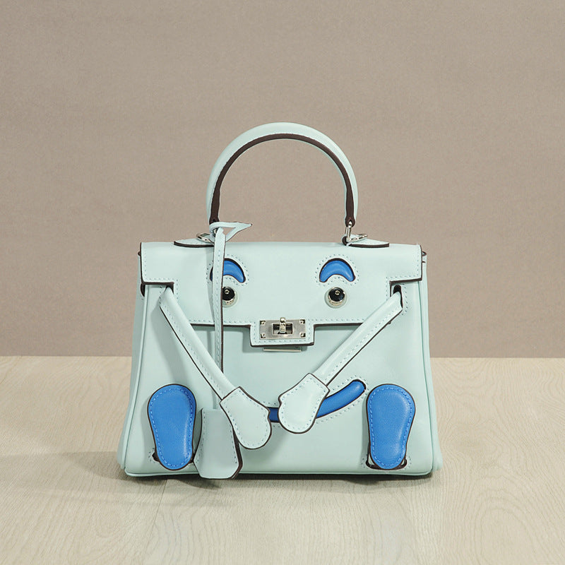 Genuine Top Layer Cowhide Smiley Face Bag for Women, Cute Mini Millennium Doll Crossbody Purse, Playful Kelly-Style Handbag with Premium Quality for Ladies